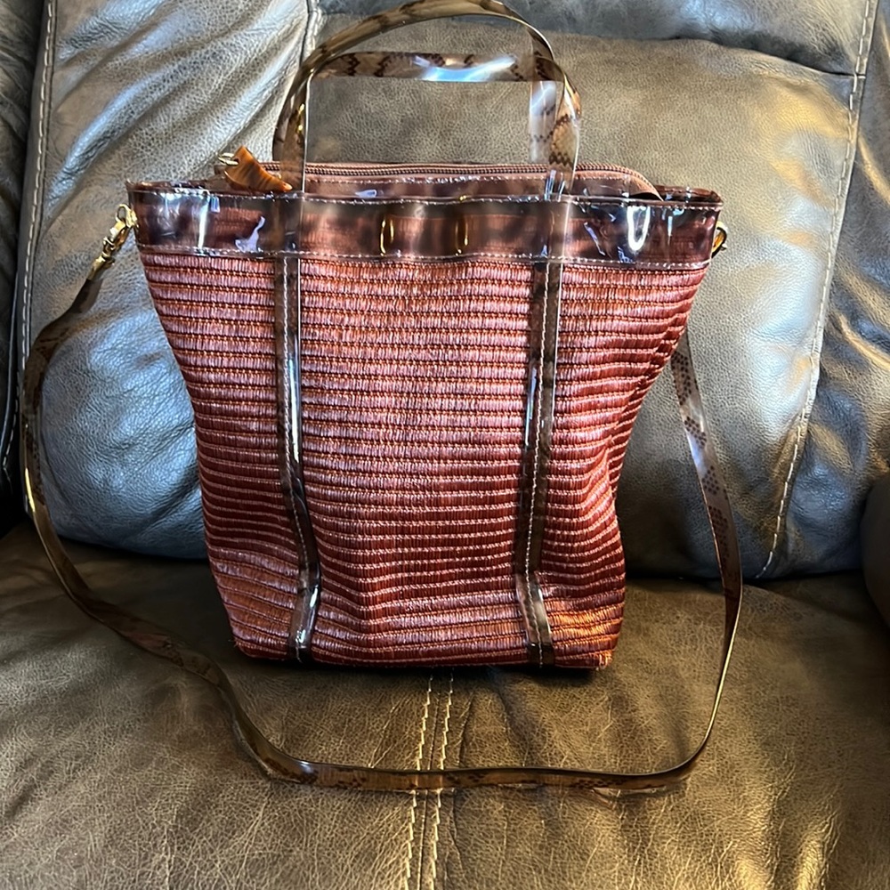 Vintage PAOLA DEL LUNGO Woven Rust Colored Straw with Tortoiseshell Handbag